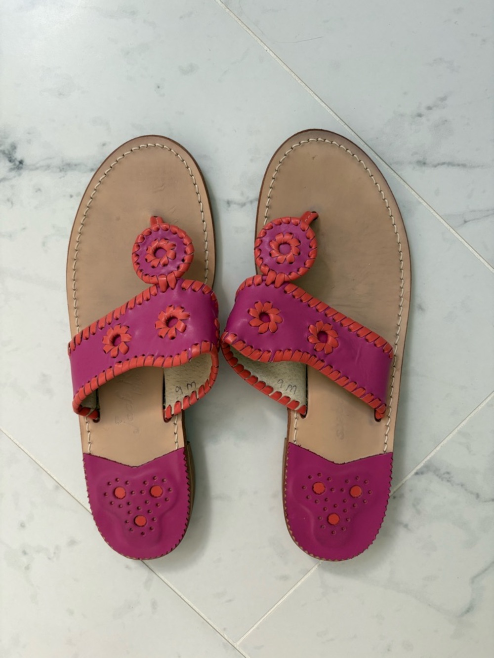 Jack Rogers Pink and Orange Leather Floral Slide Sandals
